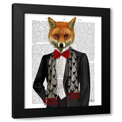 Fox with Red Bow Tie Black Modern Wood Framed Art Print with Double Matting by Fab Funky