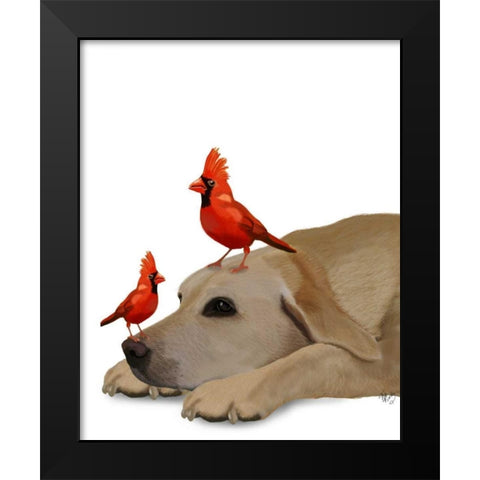Labrador with Red Birds Black Modern Wood Framed Art Print by Fab Funky