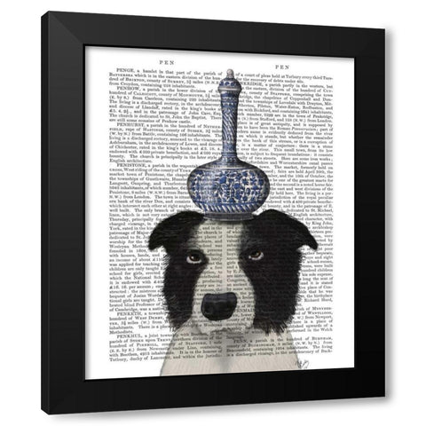 Border Collie with Blue Vase Black Modern Wood Framed Art Print with Double Matting by Fab Funky