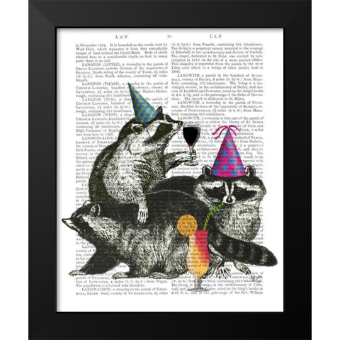 Raccoon Party Black Modern Wood Framed Art Print by Fab Funky