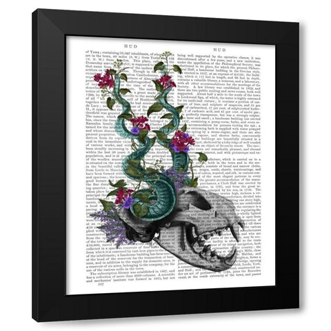 Skull with Blue Horns Black Modern Wood Framed Art Print with Double Matting by Fab Funky