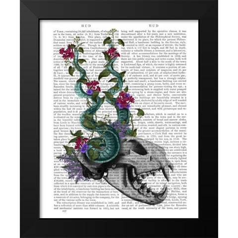 Skull with Blue Horns Black Modern Wood Framed Art Print by Fab Funky