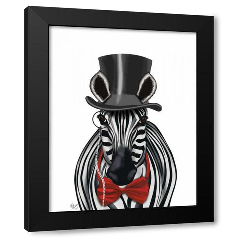 Zebra with Top Hat and Bow Tie 2, Forwards Black Modern Wood Framed Art Print with Double Matting by Fab Funky