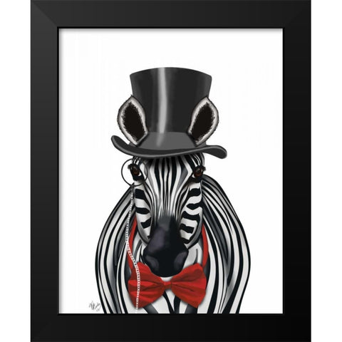 Zebra with Top Hat and Bow Tie 2, Forwards Black Modern Wood Framed Art Print by Fab Funky