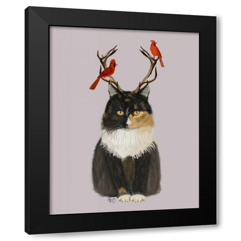 Tortoiseshell Cat, Antlers and Red Birds Black Modern Wood Framed Art Print with Double Matting by Fab Funky