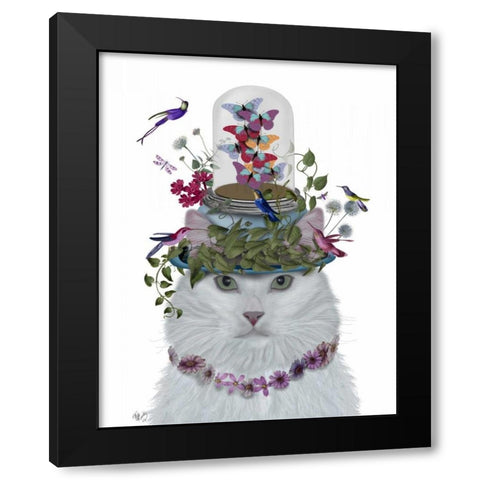 Cat, White with Butterfly bell jar Black Modern Wood Framed Art Print with Double Matting by Fab Funky