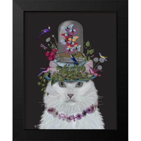 Cat, White with Butterfly bell jar, on black Black Modern Wood Framed Art Print by Fab Funky