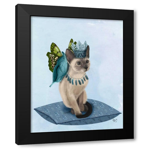 Cat with Blue Butterfly Wings Black Modern Wood Framed Art Print by Fab Funky