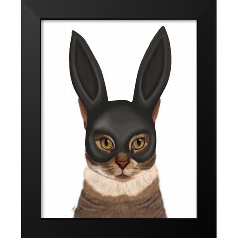 Cat with Bunny Mask Black Modern Wood Framed Art Print by Fab Funky