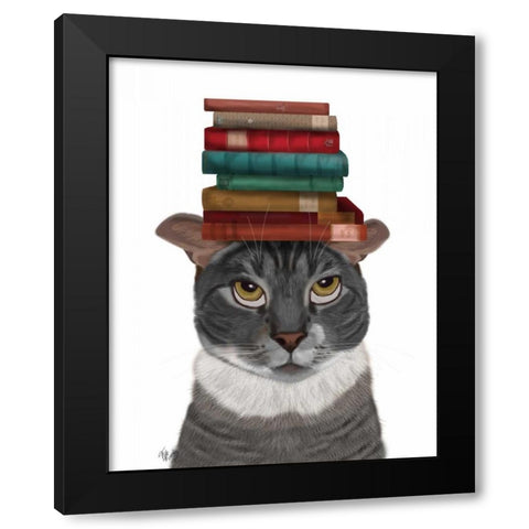Grey Cat with Books on Head Black Modern Wood Framed Art Print by Fab Funky