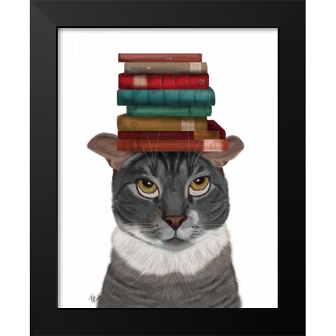 Grey Cat with Books on Head Black Modern Wood Framed Art Print by Fab Funky