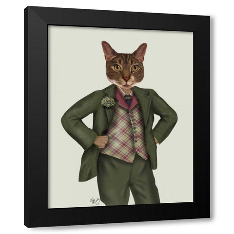 Cat in Tartan Waistcoat Black Modern Wood Framed Art Print with Double Matting by Fab Funky