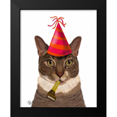 Tortoiseshell Cat, Party Hat Black Modern Wood Framed Art Print by Fab Funky