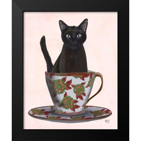 Black Cat in Teacup Black Modern Wood Framed Art Print by Fab Funky