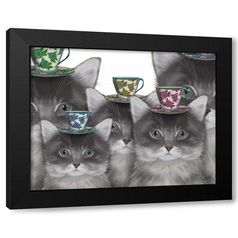 Cat Family Tea Party Black Modern Wood Framed Art Print with Double Matting by Fab Funky