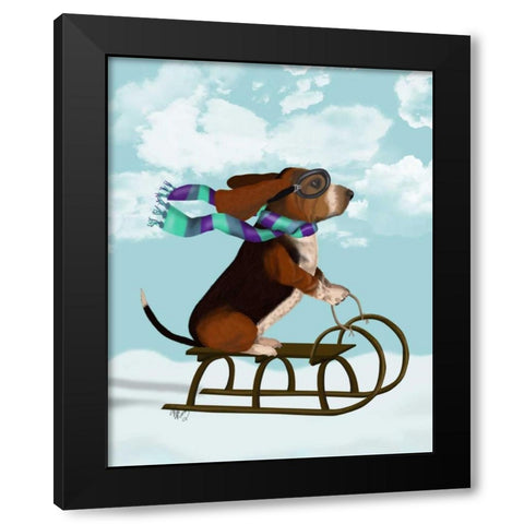 Basset Hound, Sledging Black Modern Wood Framed Art Print by Fab Funky