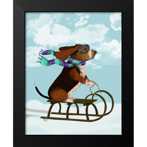 Basset Hound, Sledging Black Modern Wood Framed Art Print by Fab Funky