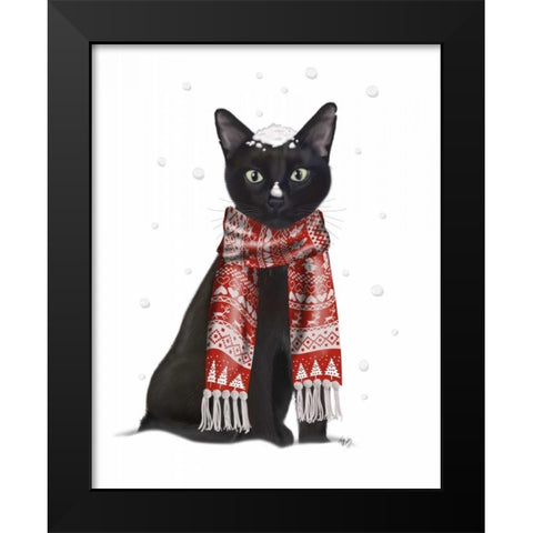 Black Cat, Red Scarf Black Modern Wood Framed Art Print by Fab Funky