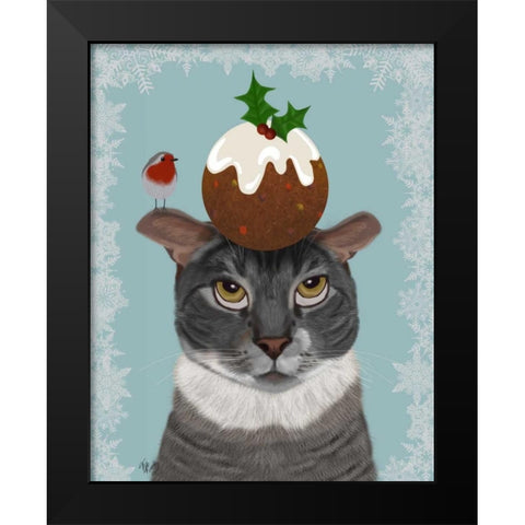 Grey Cat and Christmas Pudding Black Modern Wood Framed Art Print by Fab Funky