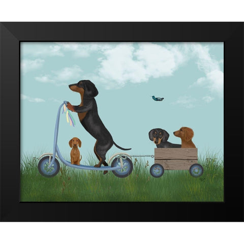 Dachshund Scooter Black Modern Wood Framed Art Print by Fab Funky