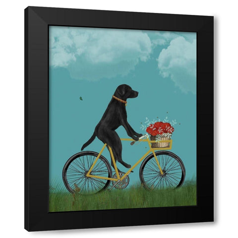 Black Labrador on Bicycle - Sky Black Modern Wood Framed Art Print with Double Matting by Fab Funky