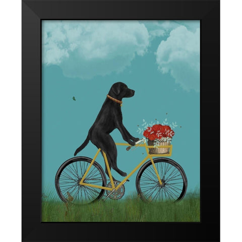 Black Labrador on Bicycle - Sky Black Modern Wood Framed Art Print by Fab Funky