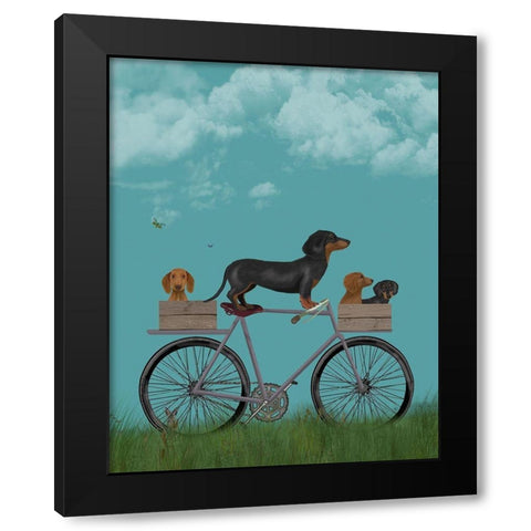 Dachshunds on Bicycle Black Modern Wood Framed Art Print with Double Matting by Fab Funky