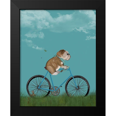 English Bulldog on Bicycle - Sky Black Modern Wood Framed Art Print by Fab Funky