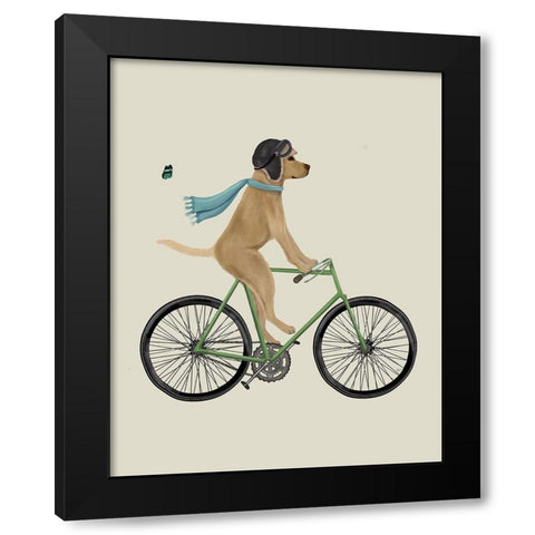 Yellow Labrador in Flying Helmet on Bicycle Black Modern Wood Framed Art Print by Fab Funky