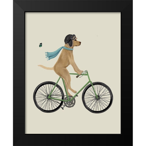 Yellow Labrador in Flying Helmet on Bicycle Black Modern Wood Framed Art Print by Fab Funky