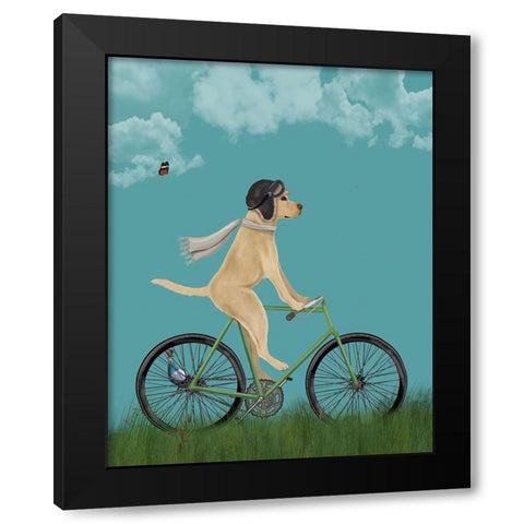 Yellow Labrador in Flying Helmet on Bicycle, Sky Black Modern Wood Framed Art Print by Fab Funky