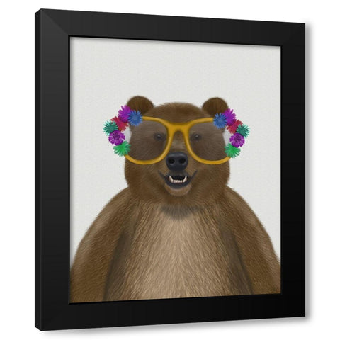 Bear and Flower Glasses Black Modern Wood Framed Art Print by Fab Funky