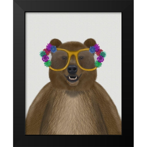 Bear and Flower Glasses Black Modern Wood Framed Art Print by Fab Funky