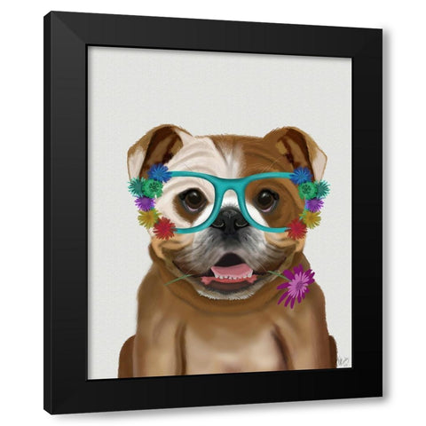 English Bulldog and Flower Glasses Black Modern Wood Framed Art Print with Double Matting by Fab Funky