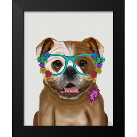 English Bulldog and Flower Glasses Black Modern Wood Framed Art Print by Fab Funky