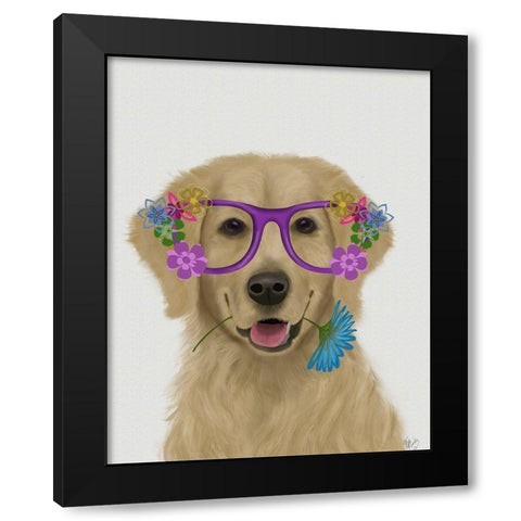 Golden Retriever and Flower Glasses Black Modern Wood Framed Art Print by Fab Funky