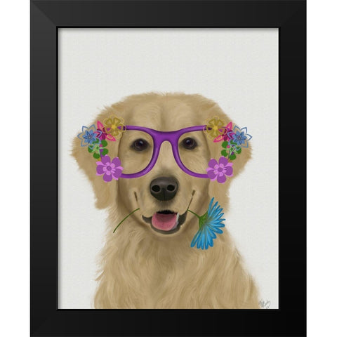 Golden Retriever and Flower Glasses Black Modern Wood Framed Art Print by Fab Funky