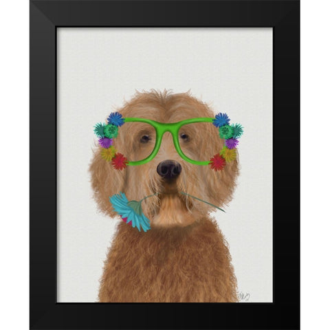 Labradoodle Golden and Flower Glasses Black Modern Wood Framed Art Print by Fab Funky