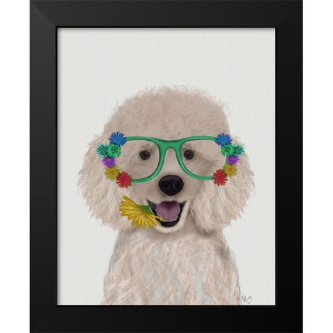 Poodle, White and Flower Glasses Black Modern Wood Framed Art Print by Fab Funky