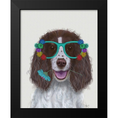 Springer Spaniel and Flower Glasses Black Modern Wood Framed Art Print by Fab Funky