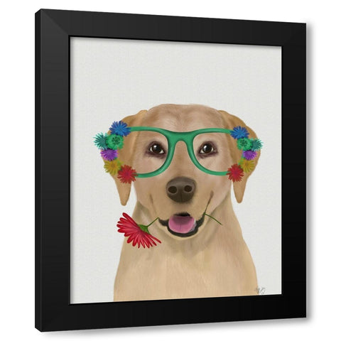 Yellow Labrador and Flower Glasses Black Modern Wood Framed Art Print by Fab Funky