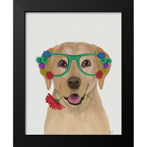 Yellow Labrador and Flower Glasses Black Modern Wood Framed Art Print by Fab Funky