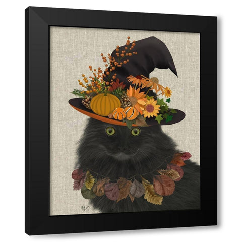 Black Cat with Autumn Hat, Portrait Black Modern Wood Framed Art Print with Double Matting by Fab Funky