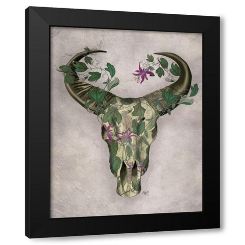 Cow Skull and Passion Flowers Black Modern Wood Framed Art Print with Double Matting by Fab Funky