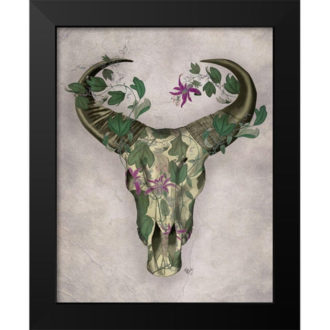Cow Skull and Passion Flowers Black Modern Wood Framed Art Print by Fab Funky