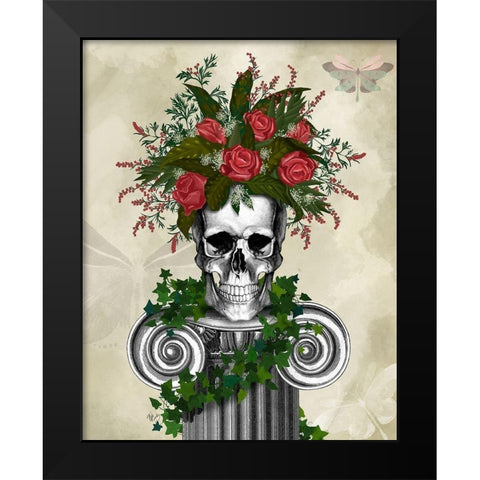 Skull with Roses and Berries Black Modern Wood Framed Art Print by Fab Funky