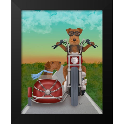 Airedale Chopper and Sidecar Black Modern Wood Framed Art Print by Fab Funky