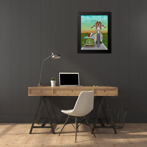 Beagle Chopper and Sidecar Black Modern Wood Framed Art Print by Fab Funky