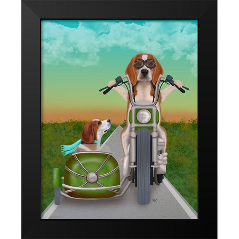 Beagle Chopper and Sidecar Black Modern Wood Framed Art Print by Fab Funky