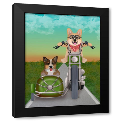 Corgi Chopper and Sidecar Black Modern Wood Framed Art Print with Double Matting by Fab Funky